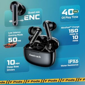 Fastrack Fpods Fx101|Bt5.4 TWS Earbuds, 40Hrs Playtime, Quad Mic Enc for Crystal Clear Calls, in Ear, Low Latency Gaming Mode Upto 50Ms,Nitrofast Charge