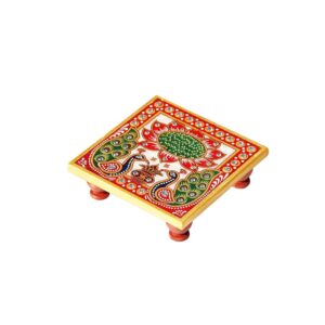 Handicrafts Paradise (4 x 4 inch) Peacock Design Painted Marble Chowki Home Mandir, Idols Statues Pratima, Bajot for God, Home Décor Showpiece