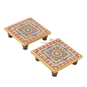Handicrafts Paradise (4 x 4 inch, Set of 2Pc) Intricate Floral Painted Marble Chowki (Multicolour) Idols Statues Pratima, Bajot for God, Home Mandir, Home Décor Showpiece