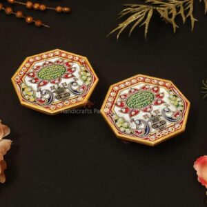 Handicrafts Paradise (4 x 4 inch, Set of 2Pc) Octagonal Peacock Design Painted Marble Chowki (Multicolour) Home Mandir, Idols Statues Pratima, Bajot for God, Home Décor Showpiece