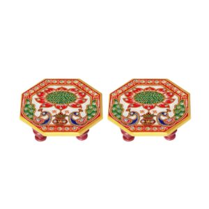 Handicrafts Paradise (4 x 4 inch, Set of 2Pc) Octagonal Peacock Design Painted Marble Chowki (Multicolour) Home Mandir, Idols Statues Pratima, Bajot for God, Home Décor Showpiece