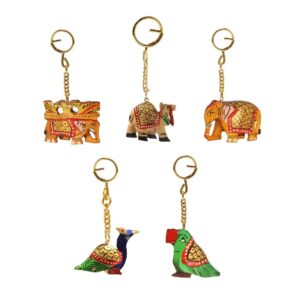 Handicrafts Paradise Unisex Carved Wooden Multicolour Key Ring - Set of 5
