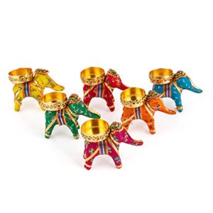 JH Gallery Handcrafted Recycled Material Elephant Tealight Candle Holder Home Decoration Item for Diwali Decor (Multicolor, 8 X 5 X 10 Cm) - Pack of 6