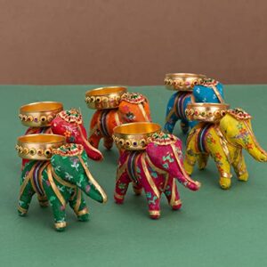 JH Gallery Handcrafted Recycled Material Elephant Tealight Candle Holder Home Decoration Item for Diwali Decor (Multicolor, 8 X 5 X 10 Cm) - Pack of 6