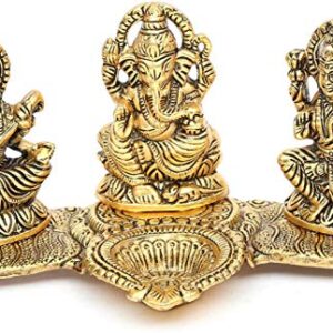 KridayKraft Laxmi Saraswati Idol Action Decorative Platter with Diya and Agarbatti Stand Diwali Gift,Metal,Standard,1 Piece