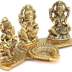 KridayKraft Laxmi Saraswati Idol Action Decorative Platter with Diya and Agarbatti Stand Diwali Gift,Metal,Standard,1 Piece