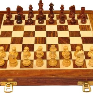 PALM ROYAL HANDICRAFTS Wooden Handcrafted Foldable Magnetic Chess Board Set with Magnetic Piece and Extra Queens for 2 Players Kids and Adults (10x10 Inches, Brown).