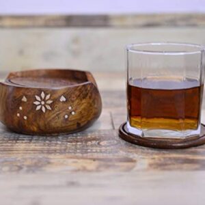 Saim Handicrafts Handmade Wooden Lotus Tea Coaster with Half Barrel Shape Stand (3.5 Inch) - Set of 6