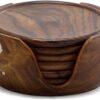 Saim Handicrafts Handmade Wooden Lotus Tea Coaster with Half Barrel Shape Stand (3.5 Inch) - Set of 6
