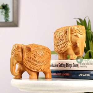 Shri Handicrafts 3" Wood Elephant Pair Down Trunk Statue Carving Figurine Showpiece for Home Decor(Set of 2, Brown)