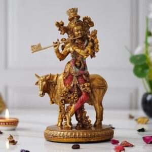 Shyam Antique Creation Krishna Standing with Cow and Playing Flute Statue Dwarkadhish Idol Kanha Murti Decorative Showpiece for Mandir, Home Office Decor and Gifting (10 Inch),...