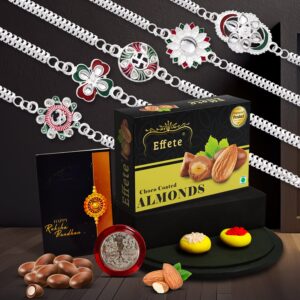 5 Designer Silver Rakhis with Greeting Card & Choco Almonds,Rakhi Gift Combo