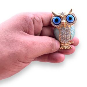 BLUE BEADS Gold with Evil Eye Crystal Rhinestone Sparkling Owl Fridge Sticker Magnet - Sign of Good Luck & Protection (Turquoise)