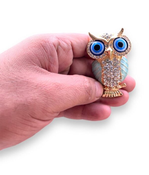 BLUE BEADS Gold with Evil Eye Crystal Rhinestone Sparkling Owl Fridge Sticker Magnet - Sign of Good Luck & Protection (Turquoise)