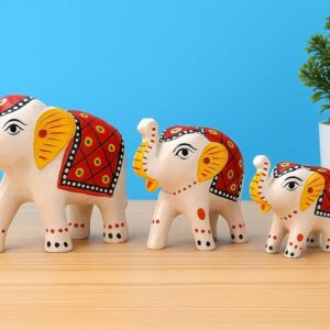 DreamKraft Paper Mache Handcrafted Set of 3 Elephant Action Showpiece Idols for Home Decor and Gift Purpose(White)