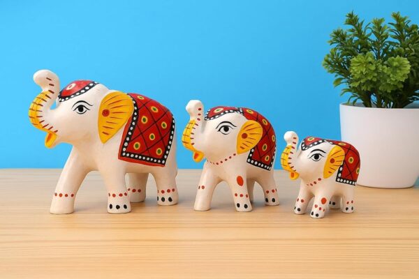DreamKraft Paper Mache Handcrafted Set of 3 Elephant Action Showpiece Idols for Home Decor and Gift Purpose(White)