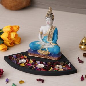 eCraftIndia Light Blue, Gold & Black Polyresin Meditating Buddha Showpiece with Rectangle Wooden Base Plate, Fragranced Petals & Tealight