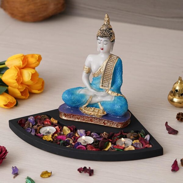 eCraftIndia Light Blue, Gold & Black Polyresin Meditating Buddha Showpiece with Rectangle Wooden Base Plate, Fragranced Petals & Tealight