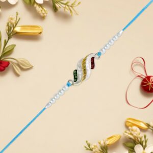 Elegant Leaf Design Rakhi with Pearl Beads and Blue Thread – Colorful Raksha Bandhan Rakhi for Brother