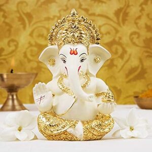 Gold Art India Ceramic Ganesh Idol for Car Dashboard Ganesha Murti Ganpati Idol for Home Decor Puja Lord Ganesh Statue Gift for Office Desk Puja Room Figurine 3.5 x 2 inch,1 Idol