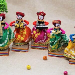 JH Gallery Recycled Material Rajasthani Home Decor Items Musician Bawla Puppets Idol Show Pieces for Home Decor 11 X 28 Cm Multicolor, 5 Pieces (Male Puppets)
