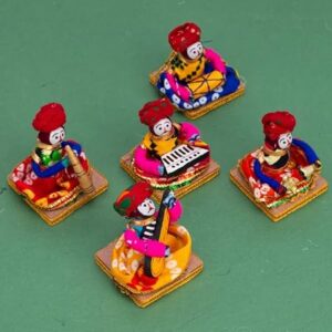 JH Gallery Recycled Material Rajasthani Musician Bawla Puppets Idol (7x28 cm Multicolor) -5 Piece (Male Puppets)