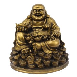 Petrichor Resin Fengshui Figurine Laughing Buddha Sitting on Luck Money Coins Carrying Golden Ingot for Good Luck & Happiness (5 Inches,Gold, 1 Piece) - Home Deocration Gifting...