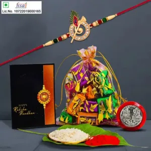 Rakhi Gift Combo with 1 Designer Rakhi for Brother – Includes Assorted Chocolates Pouch (10 pcs), Silver Coin, Roli Chawal & Greeting Card,Rakhi Gift Combo