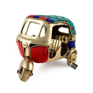 Two Moustaches Gemstone Work Vintage Style Brass Auto Rickshaw Miniature, Brass Decor Showpiece, 4.5 x 2.4 x 3 Inches, Multicolored, Standard, Pack of 1