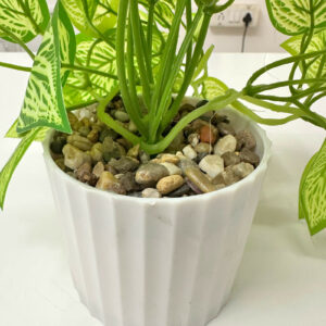 Variegated Nerve Leaf Artificial Plant in White Ribbed Pot
