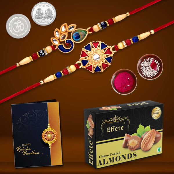 Exclusive Rakhi Hamper with 2 Premium Rakhis, Effete Almond Chocolates, Coin, Roli Chawal & Greeting Card,Rakhi Gift Combo