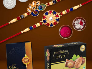 Exclusive Rakhi Hamper with 2 Premium Rakhis, Effete Almond Chocolates, Coin, Roli Chawal & Greeting Card,Rakhi Gift Combo
