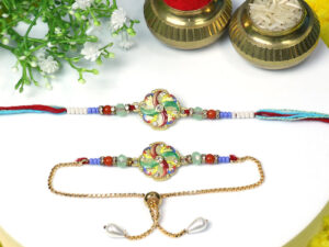 Peacock Feather Meenakari Rakhi Set – Colorful Bhaiya Bhabhi Designer Combo