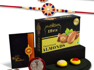 Premium Rakhi Gift Set for Brother – 2 Traditional Rakhis with Choco Almonds, Silver Coin, Roli Chawal & Festive Greeting Card,Rakhi Gift Combo